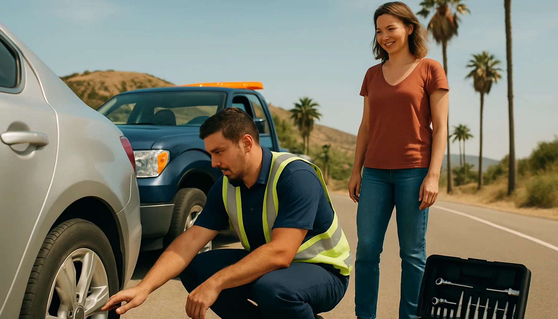 Tow truck operator kneeling beside a stranded vehicle helping a driver on a sunny San Diego road